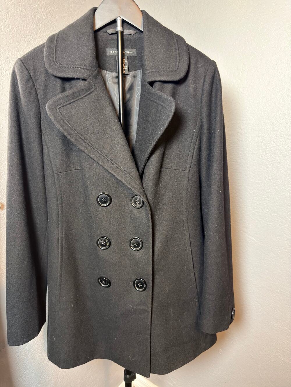 New York & Company Black Double-Breasted Pea Coat Jacket